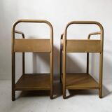 Vintage bedside tables in metal and brown beige wood.