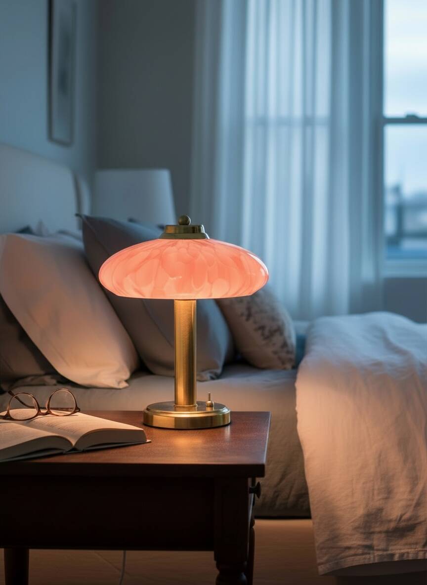 Art Deco mushroom table lamp, pink Clichy glass