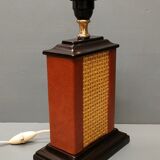 Lamp Le Dauphin black ceramic glazed, wicker canelé, imitation leather havana ~ 70's