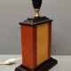 Lamp Le Dauphin black ceramic glazed, wicker canelé, imitation leather havana ~ 70's
