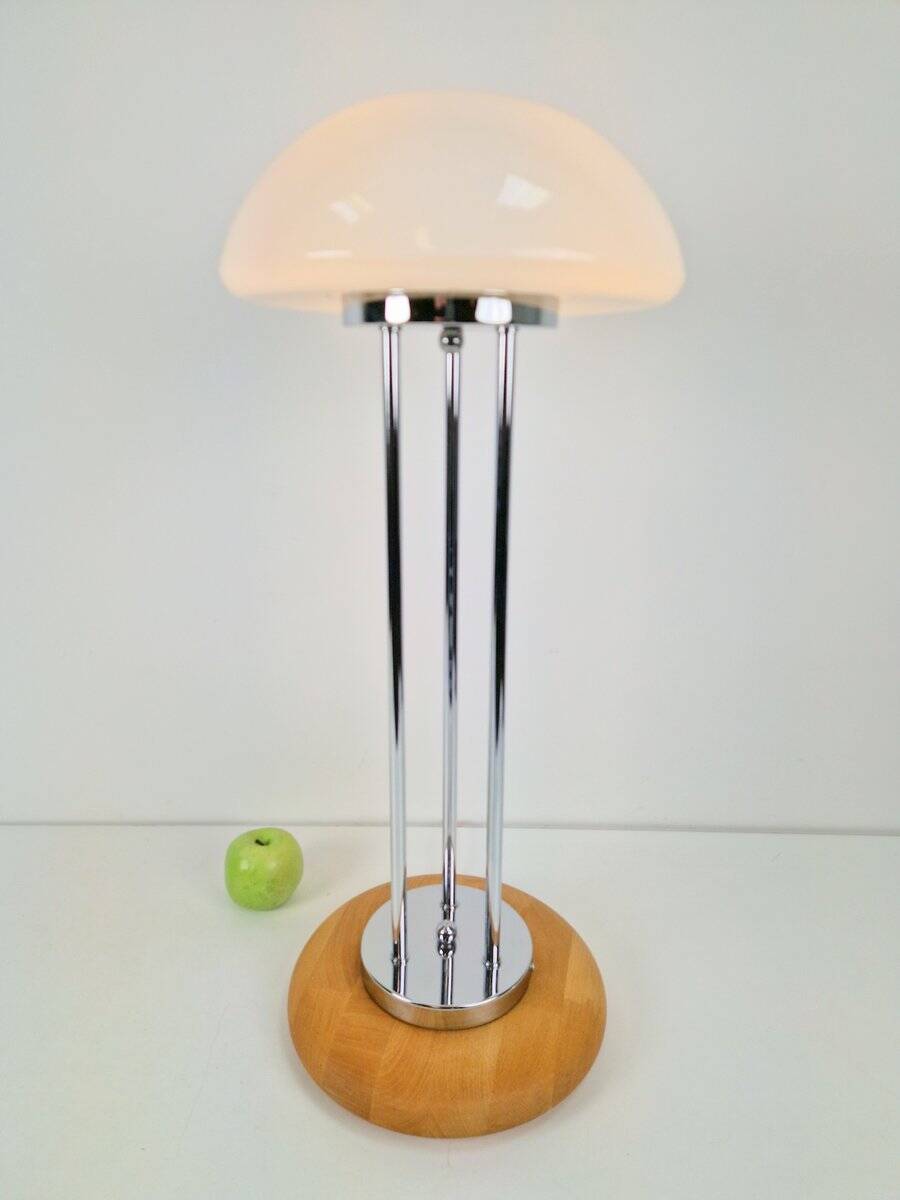 Vintage Mushroom Opaline Glass and Chrome Table Lamp, 1970s