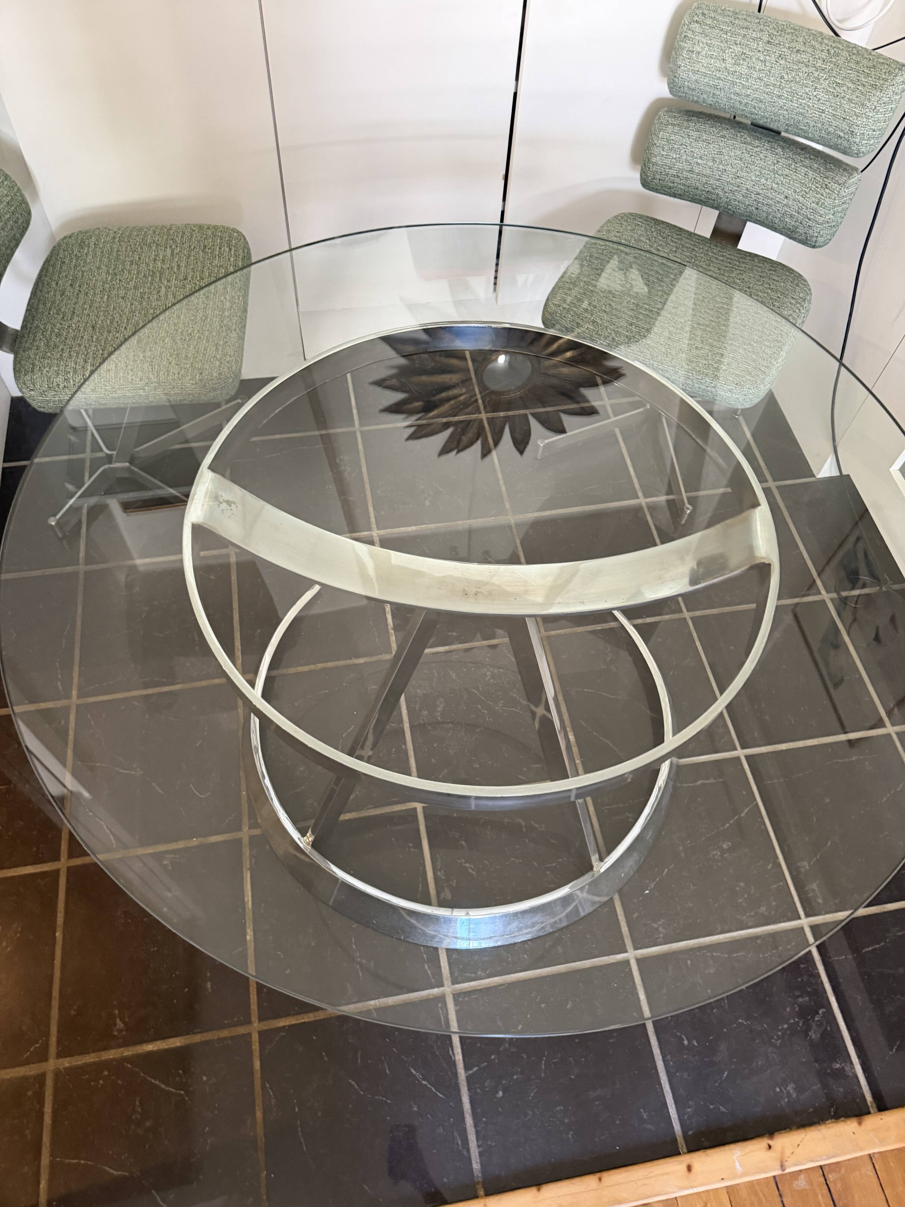 Large round table attributed to Boris Tabacoff, glass and chrome steel, year