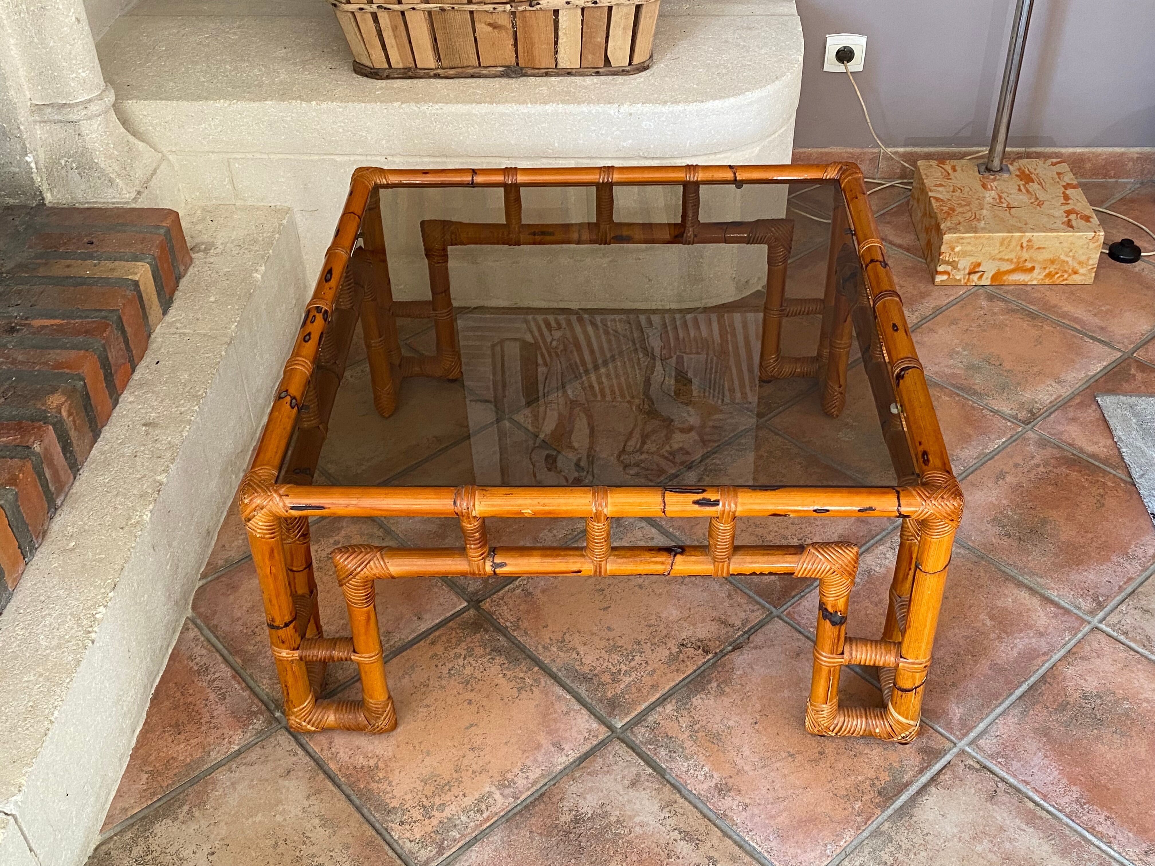Coffee table Roche Bobois, 1970, rattan and smoked glass