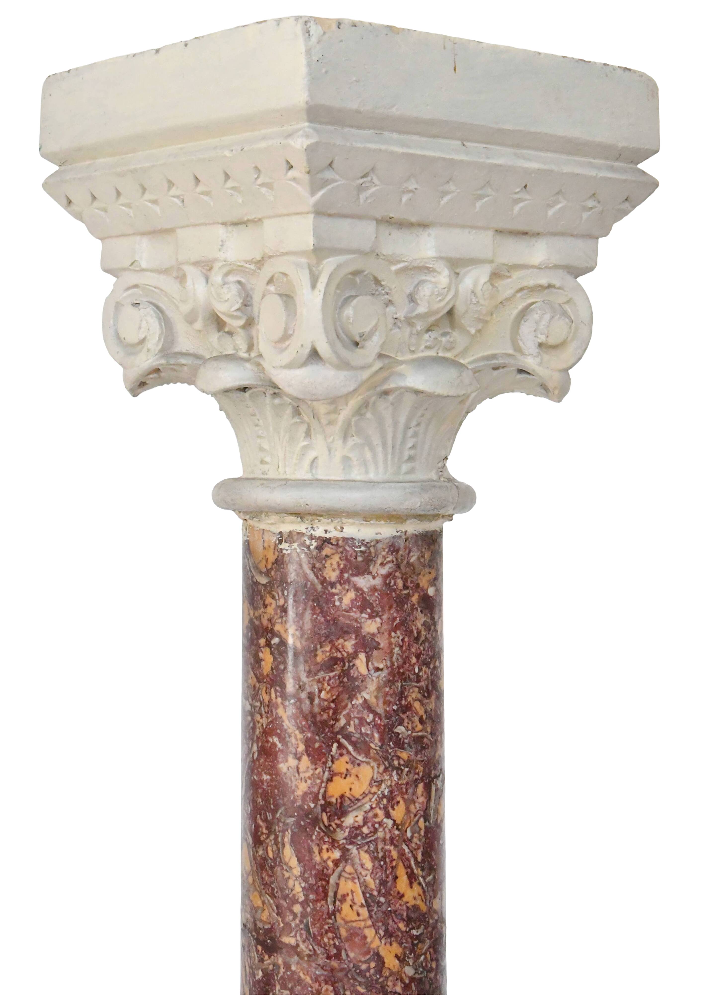 Pair of Brocatelle marble columns and stone with Corinthian capitals.