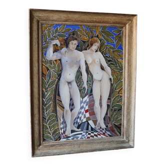 Large Painting Adam and Eve André Peccaud 1975