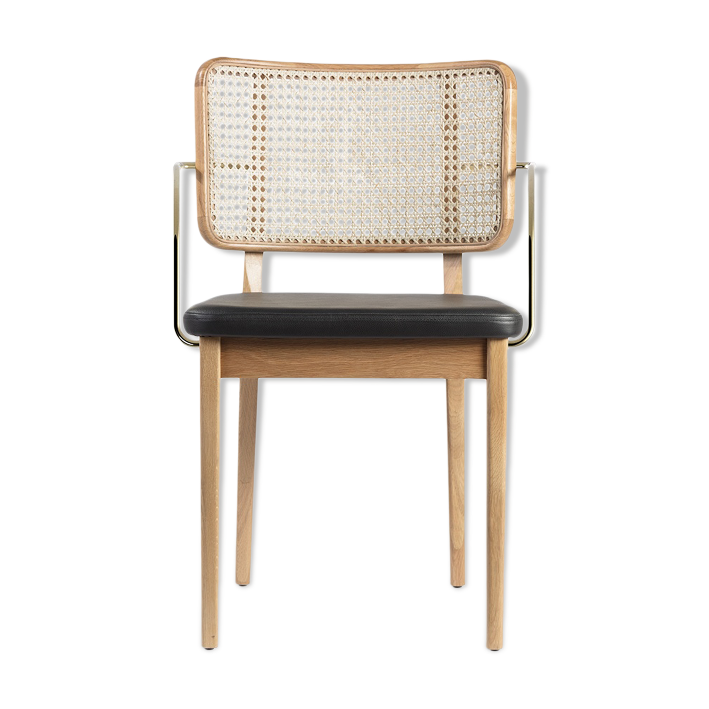 Light wood caning chair leather armrests
