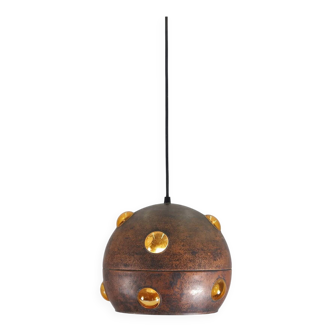 Large, globular brutalist hanging lamp in copper / glass by Peill & Putzler