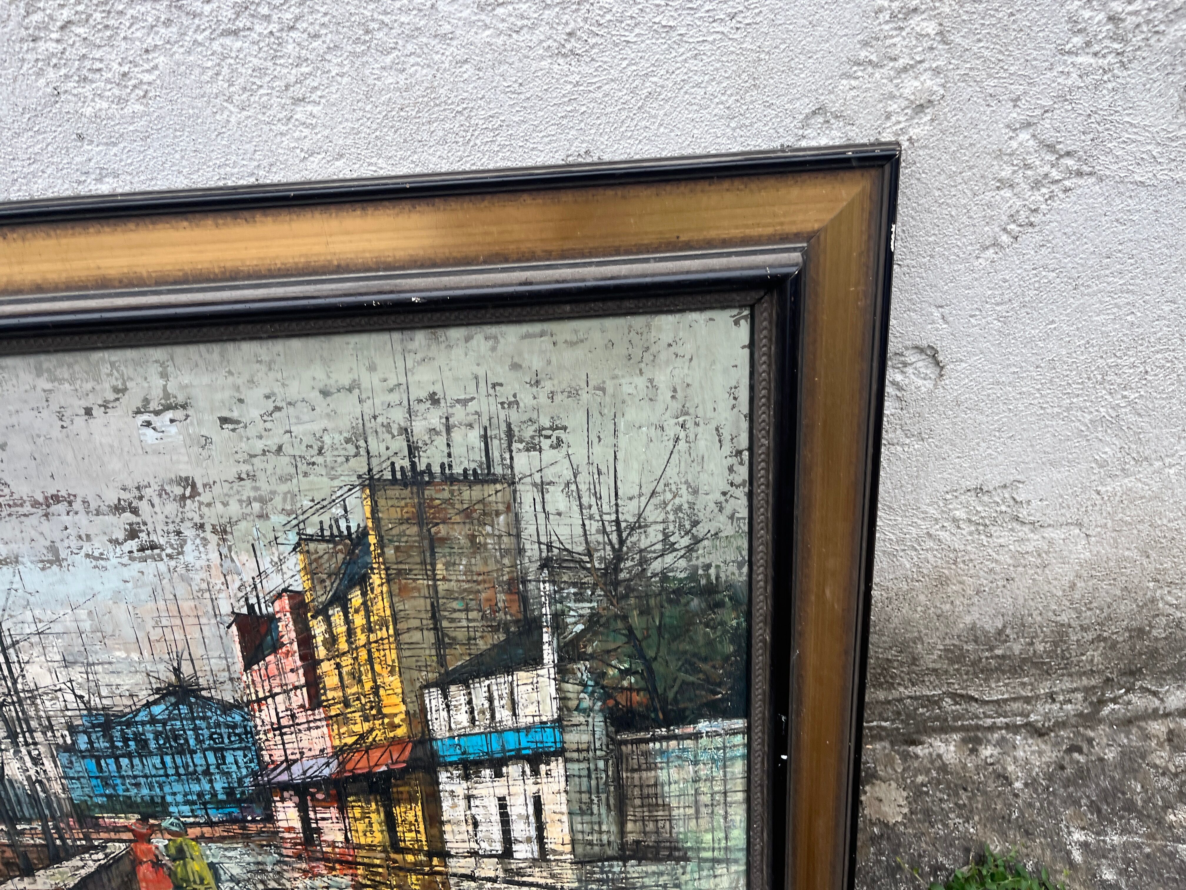 Grand tableau scene de rue urbaine esprit Bernard Buffet années 60