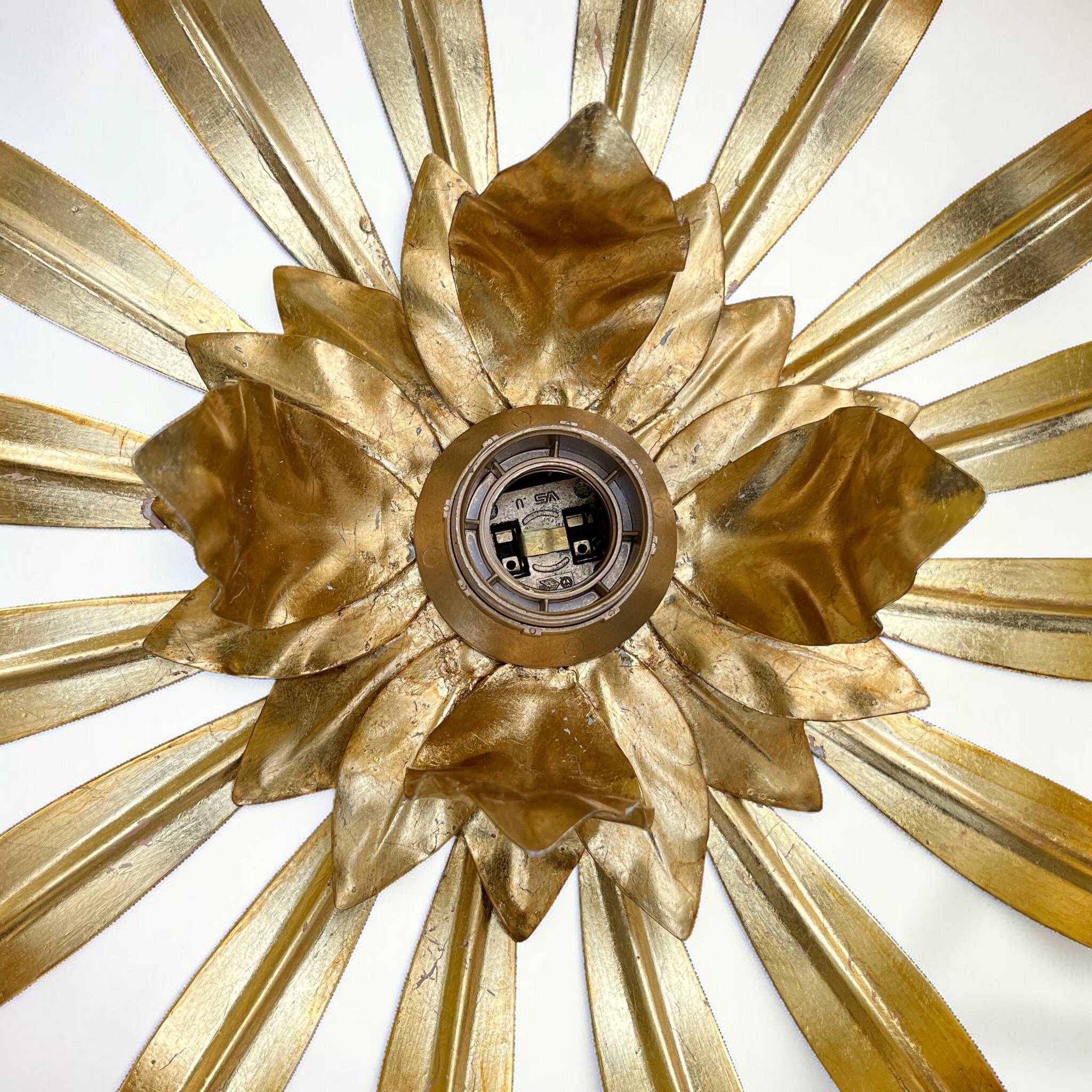 Vintage gold leaf metal wall light flower applique