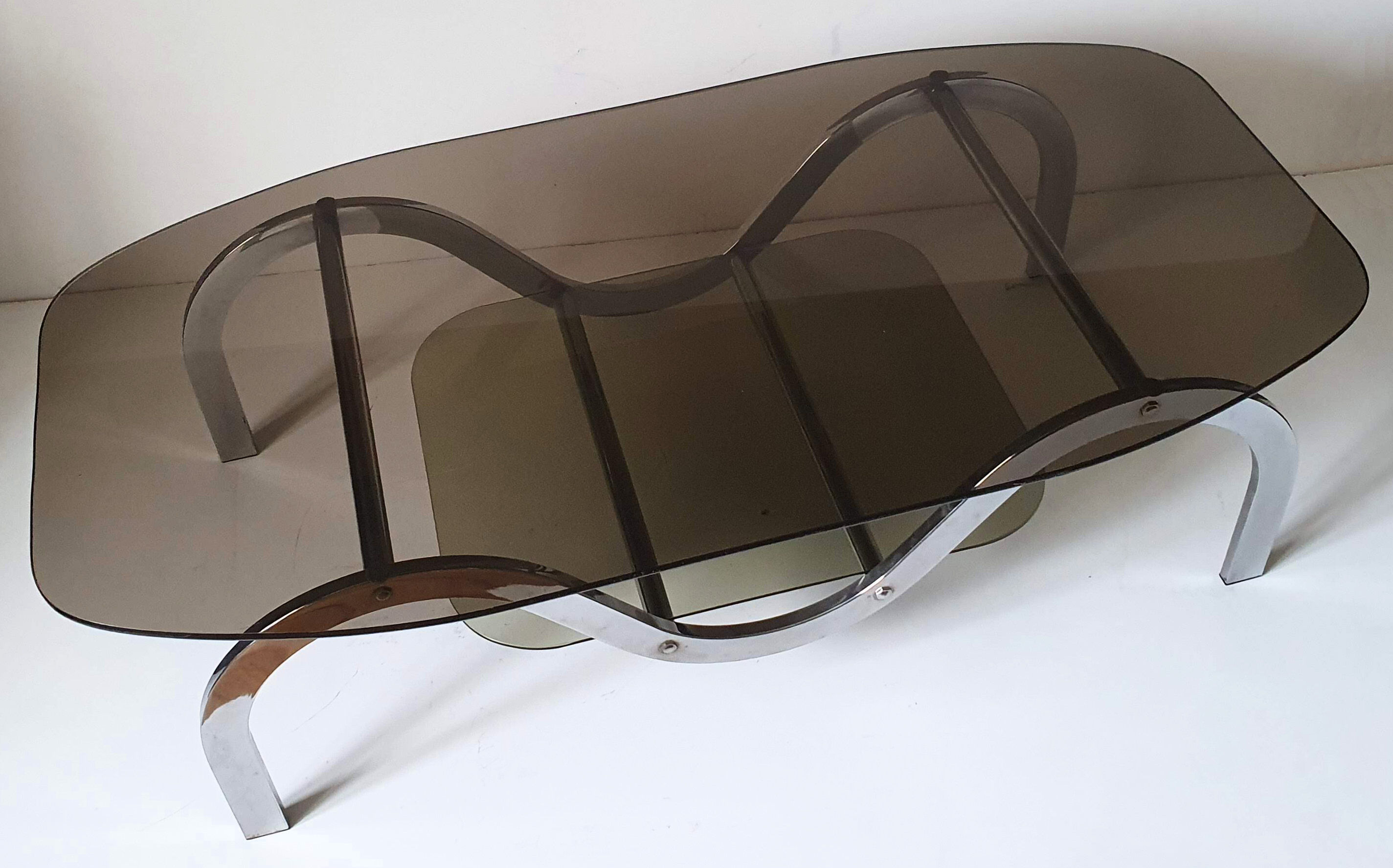 Coffee table chrome metal and smoked glass 70s