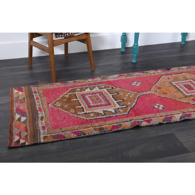 1970s Vintage Turkish Hand-Knotted Wool Cotton Pink Runner Rug