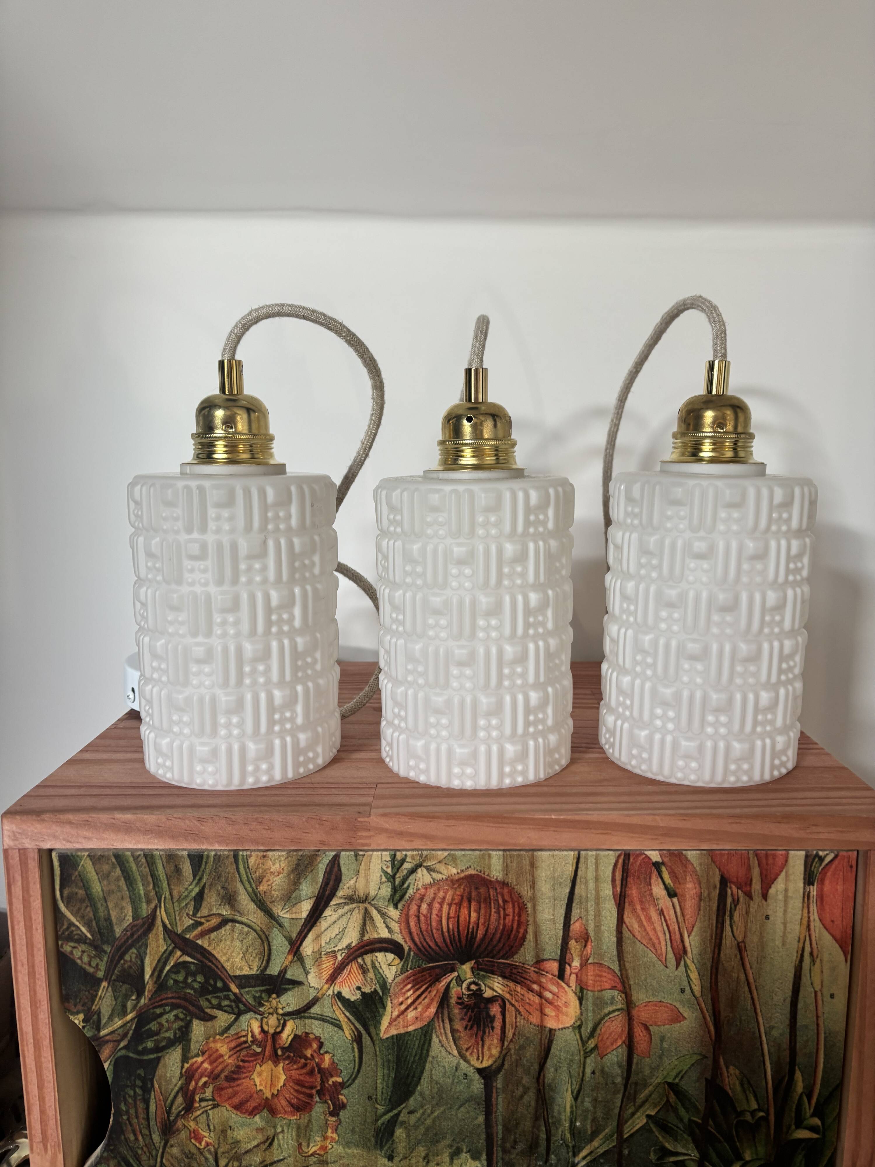 Set of three white Scandinavian opaline pendant lights