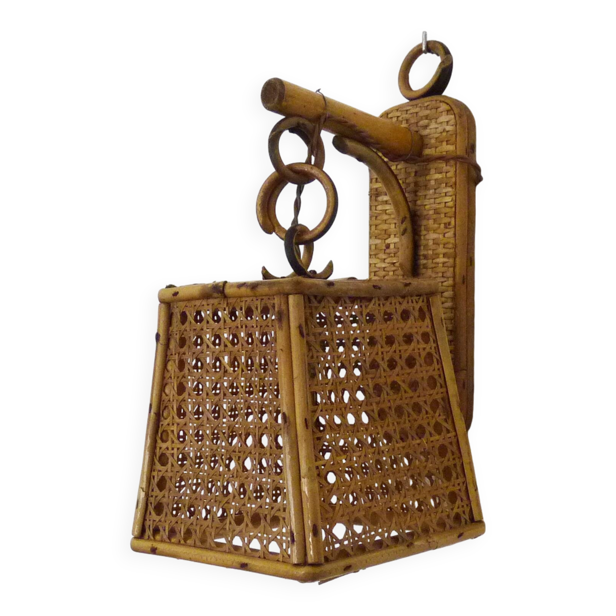 Rattan and cane lantern wall light. 1950s-1960s