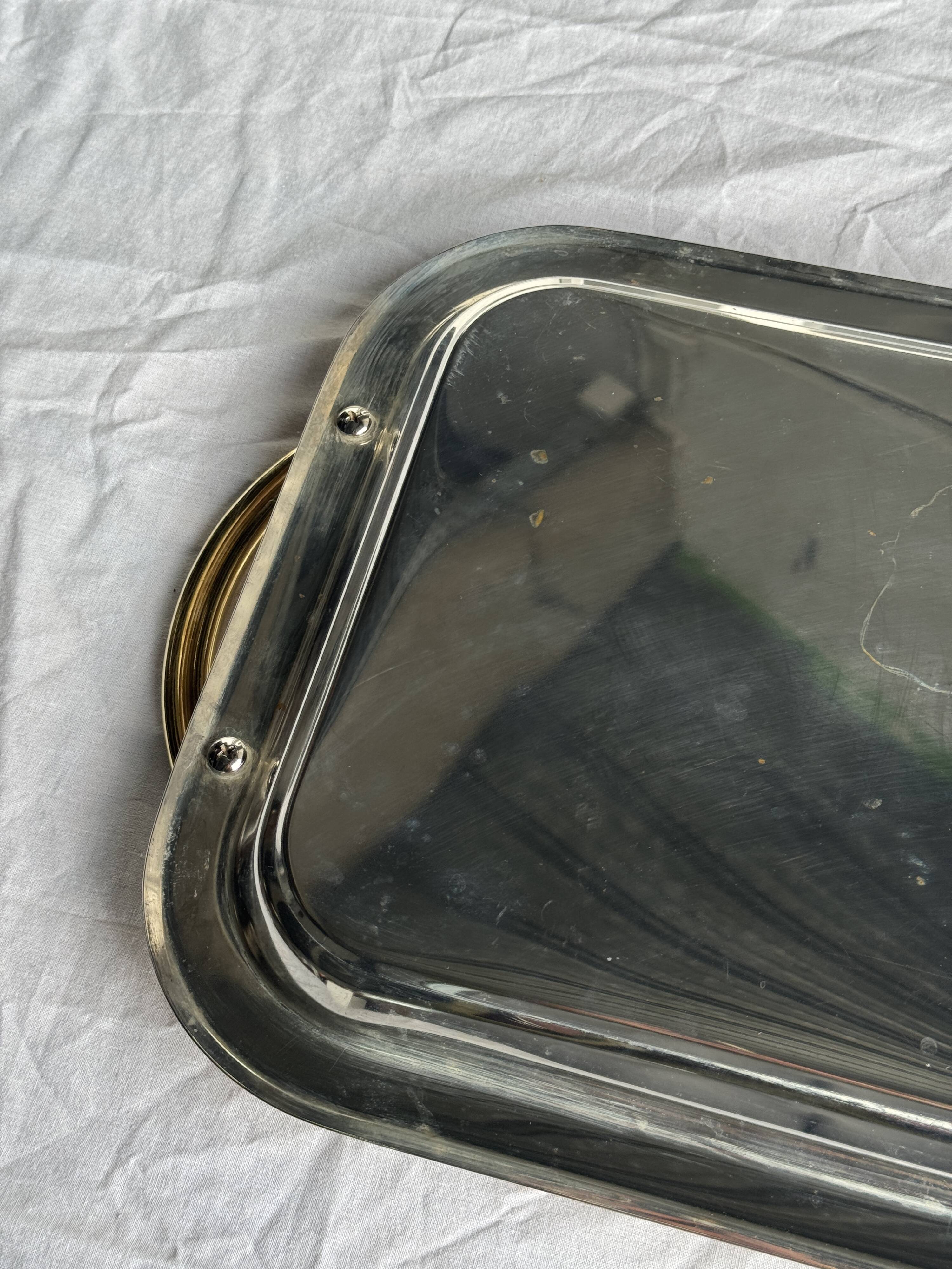 Silver-plated vintage tray with golden handles 29x45
