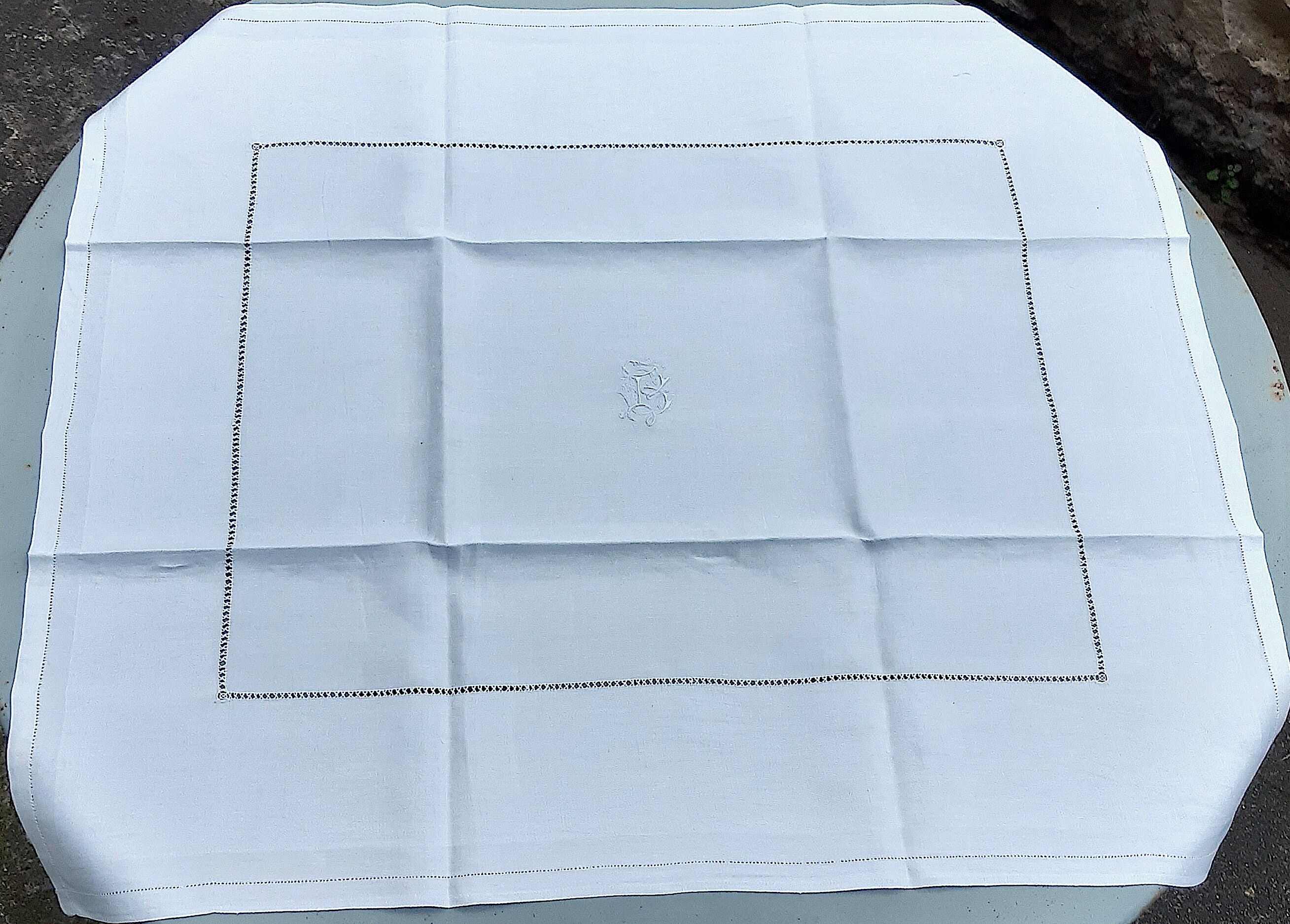 Set of 8 satin damask tablecloths, 19th, monogrammed "BG"