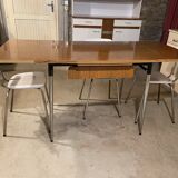 Vintage brown formica table and 3 white chairs