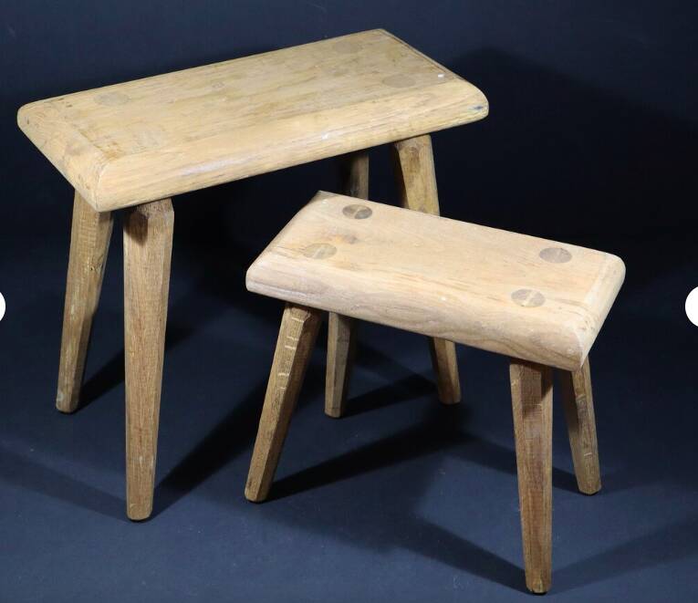 Set of 2 solid wood stools in French brutalist style.