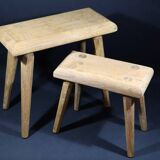 Set of 2 solid wood stools in French brutalist style.