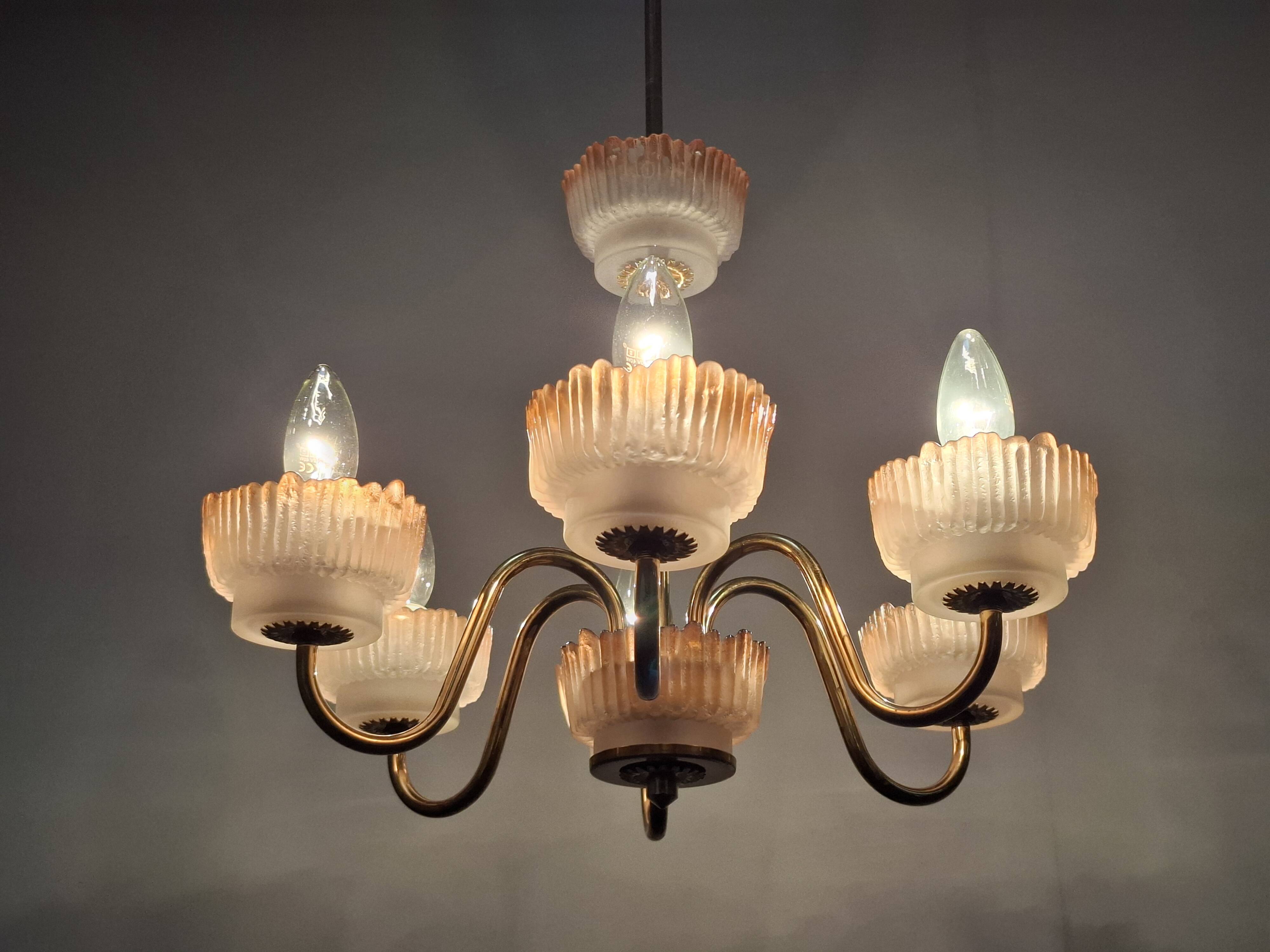 1960s Czech Mid-Century Brass and Železný Brod Frosted Glass Six-Arm Chandelier