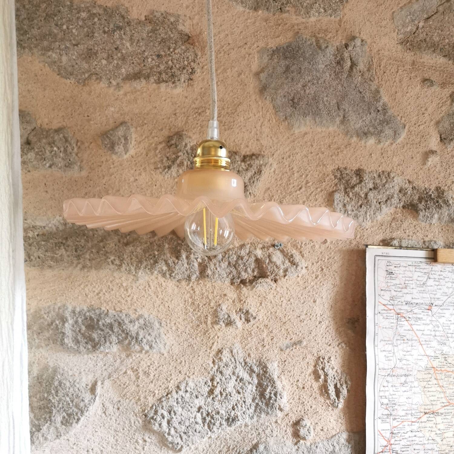 Vintage opaline pink pleated molded glass pendant light