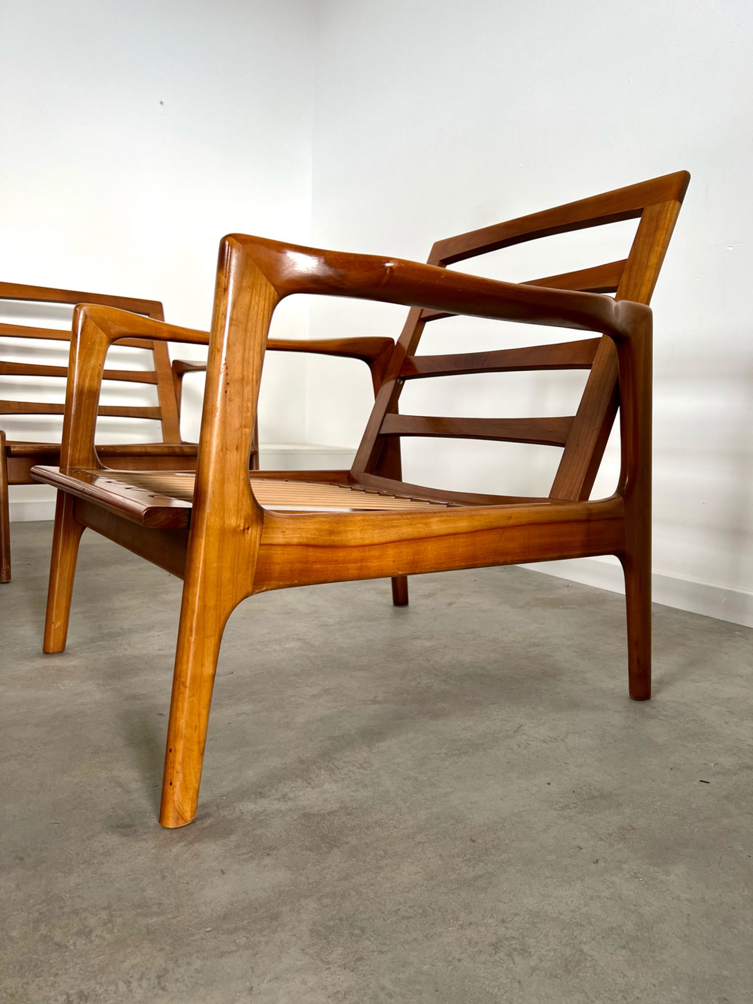 Lot armchairs and sofa 60 years Scandinavian design in vintage blond teak