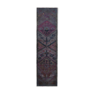 Handwoven distressed anatolian purple runner carpet 85 cm x 317 cm