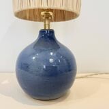 Vintage ball lamp base in blue ceramic stoneware with raffia rope lampshade