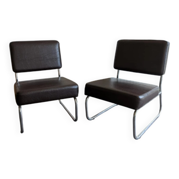 Paire de chauffeuses Cantilever des années 70 - Métal chromé et Skaï marron