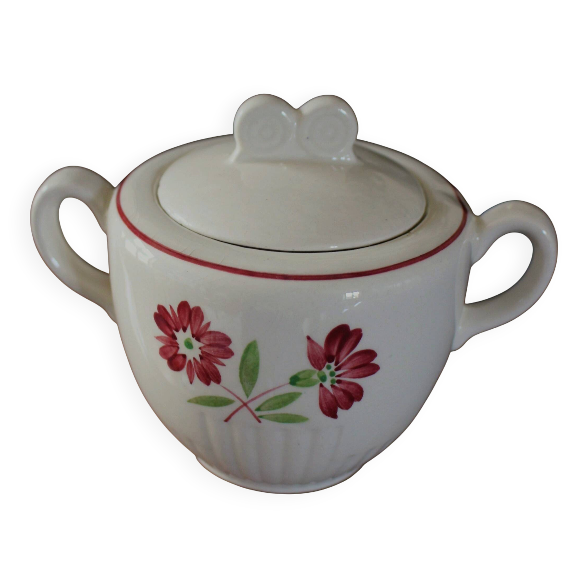 Jacques Lunéville ceramic sugar bowl with red flowers Art Deco