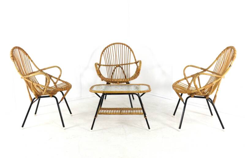 Set of 3 rattan chairs + coffee table - mid century dutch design