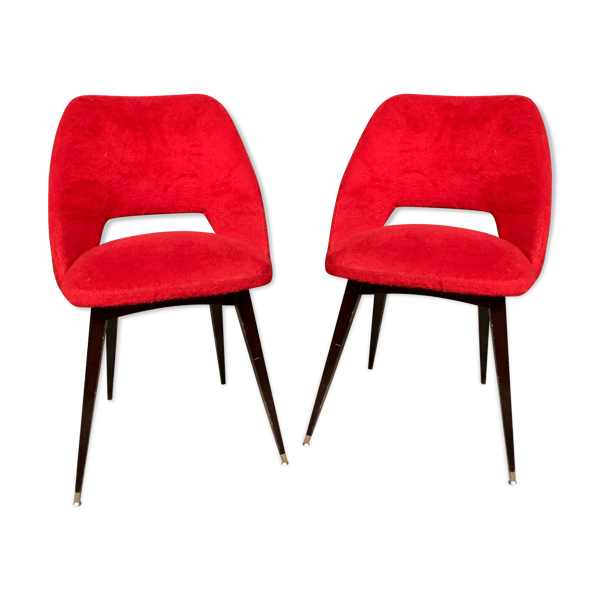 Paire de chaises moumoute rouge vingage année 50 60
