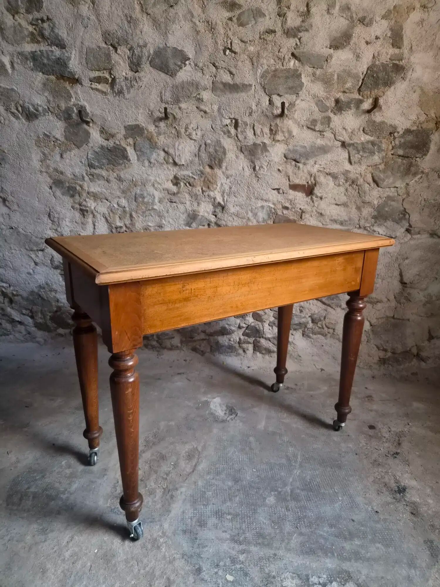 Vintage beech desk with a linoleum top and drawer.