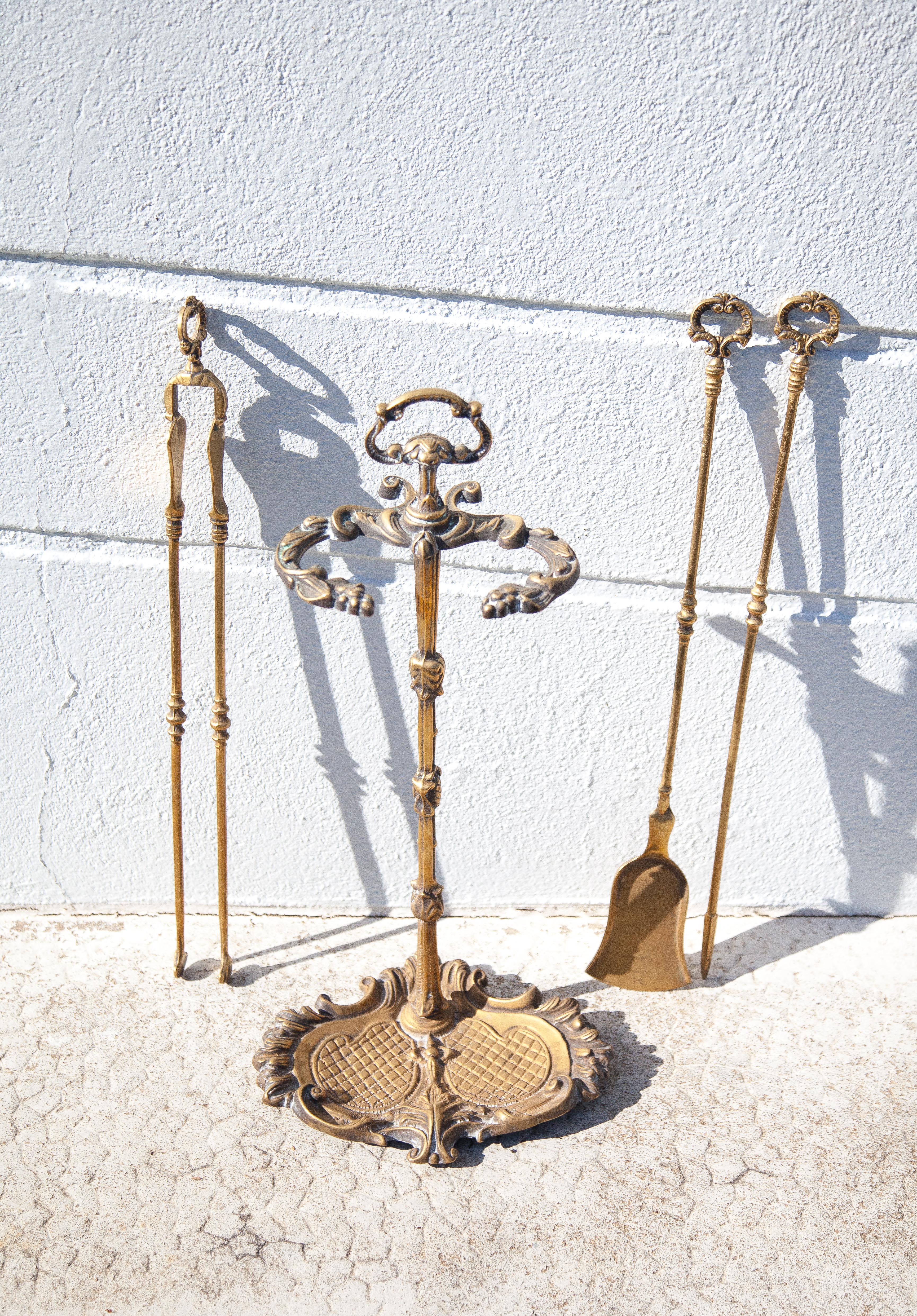Serviteur de cheminée vintage, accessoires cheminée, serviteur bronze doré, decor cheminée
