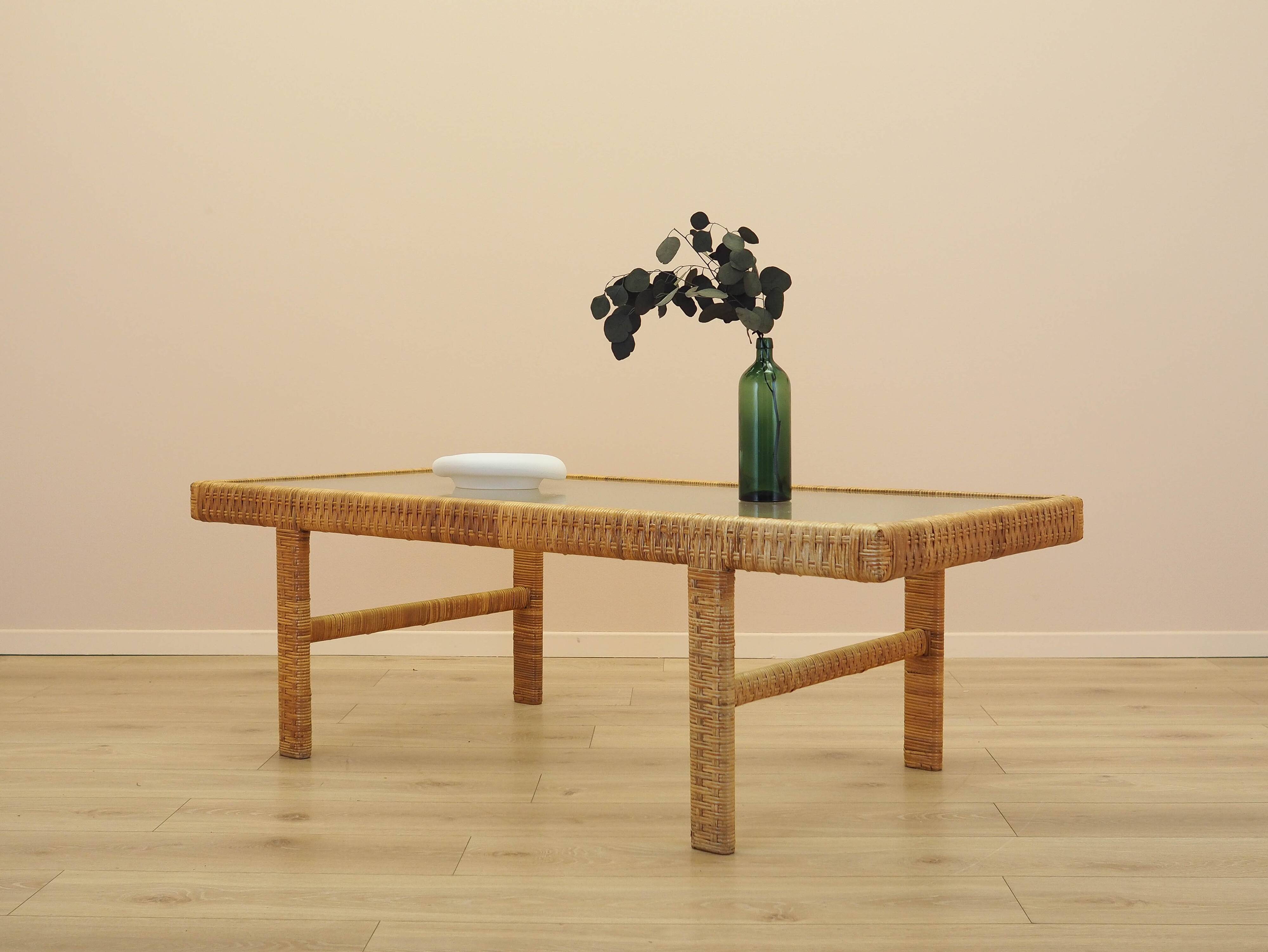 Glass and wicker side table, Danish design, 1970s, made in Denmark