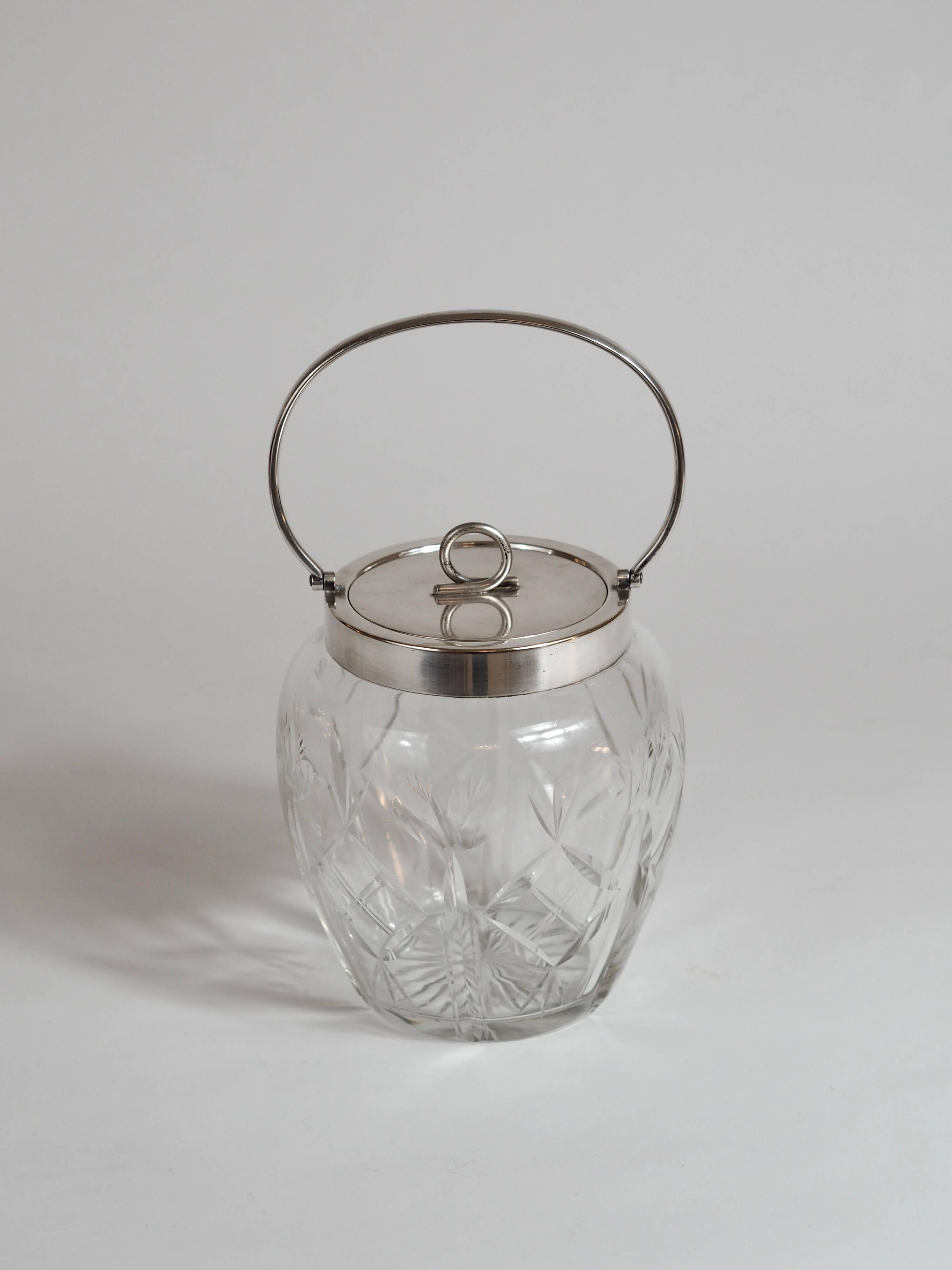 Crystal biscuit barrel with silver-plated mounts and handle, Austrian cut, 1920s.