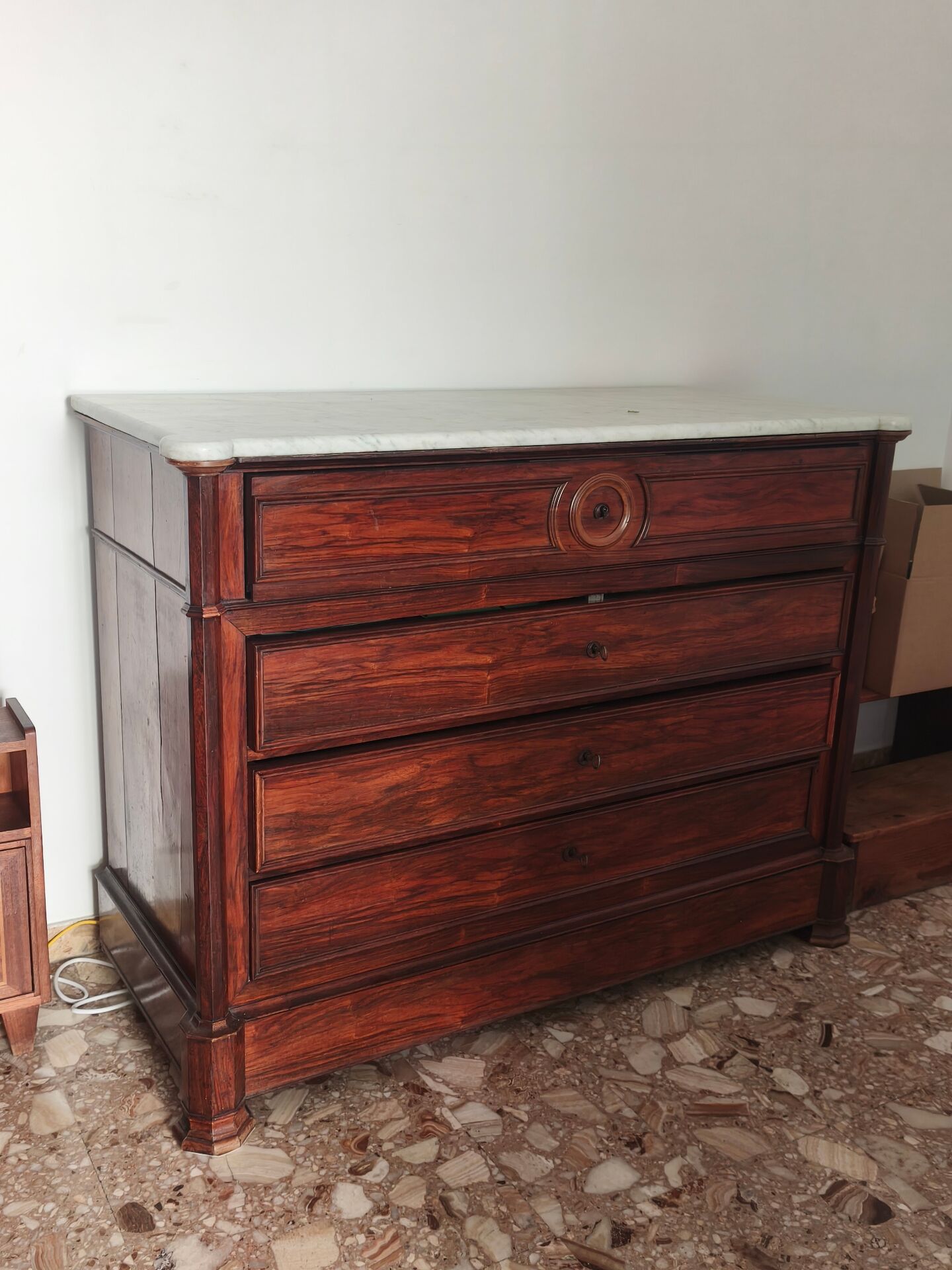 Antique Louis-Philippe style commode with Carrara marble top.