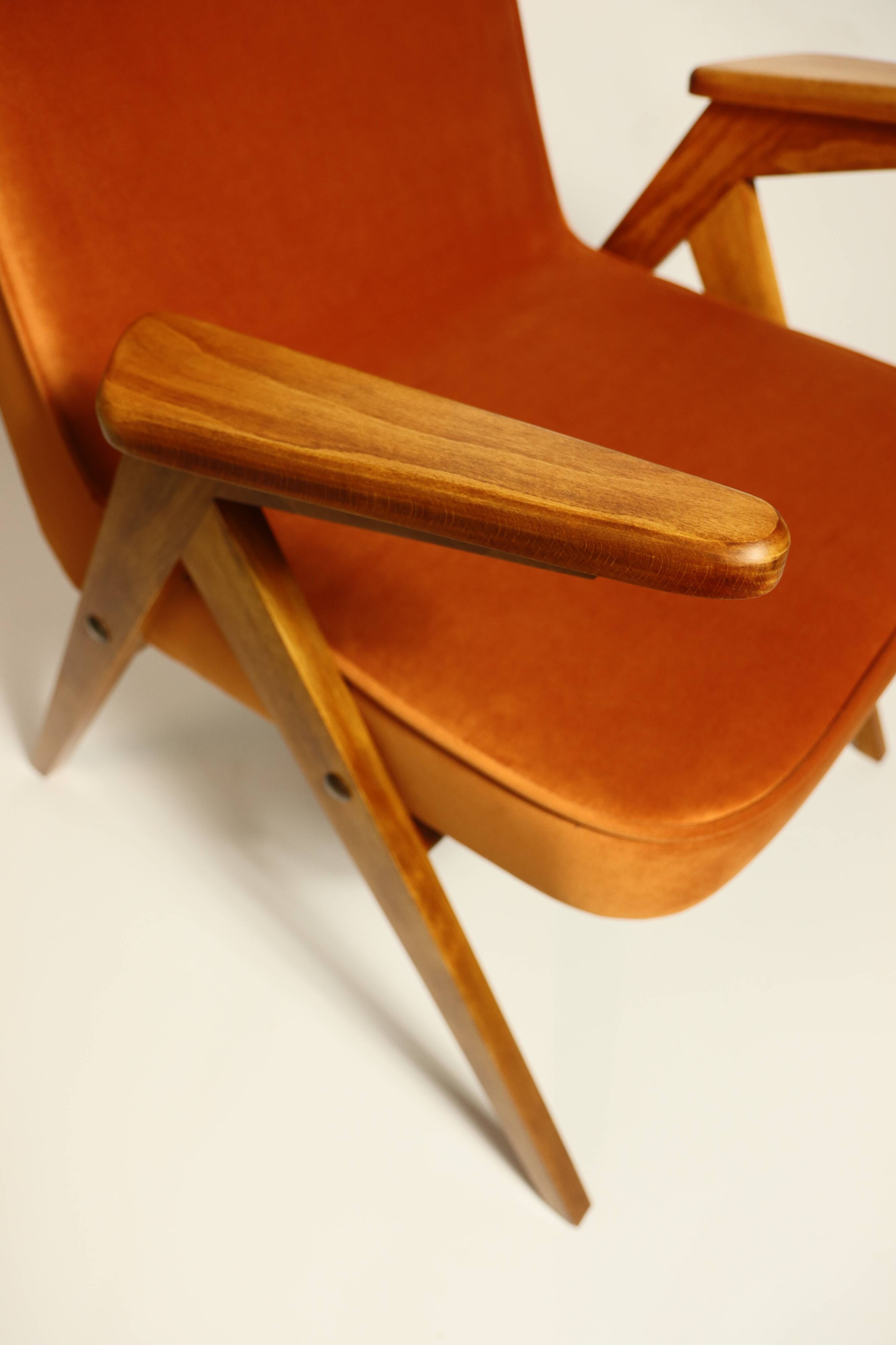 Vintage Lounge Chair Burt Orange by J. Chierowski, 1960, Scandinavian Design Velvet Fabric