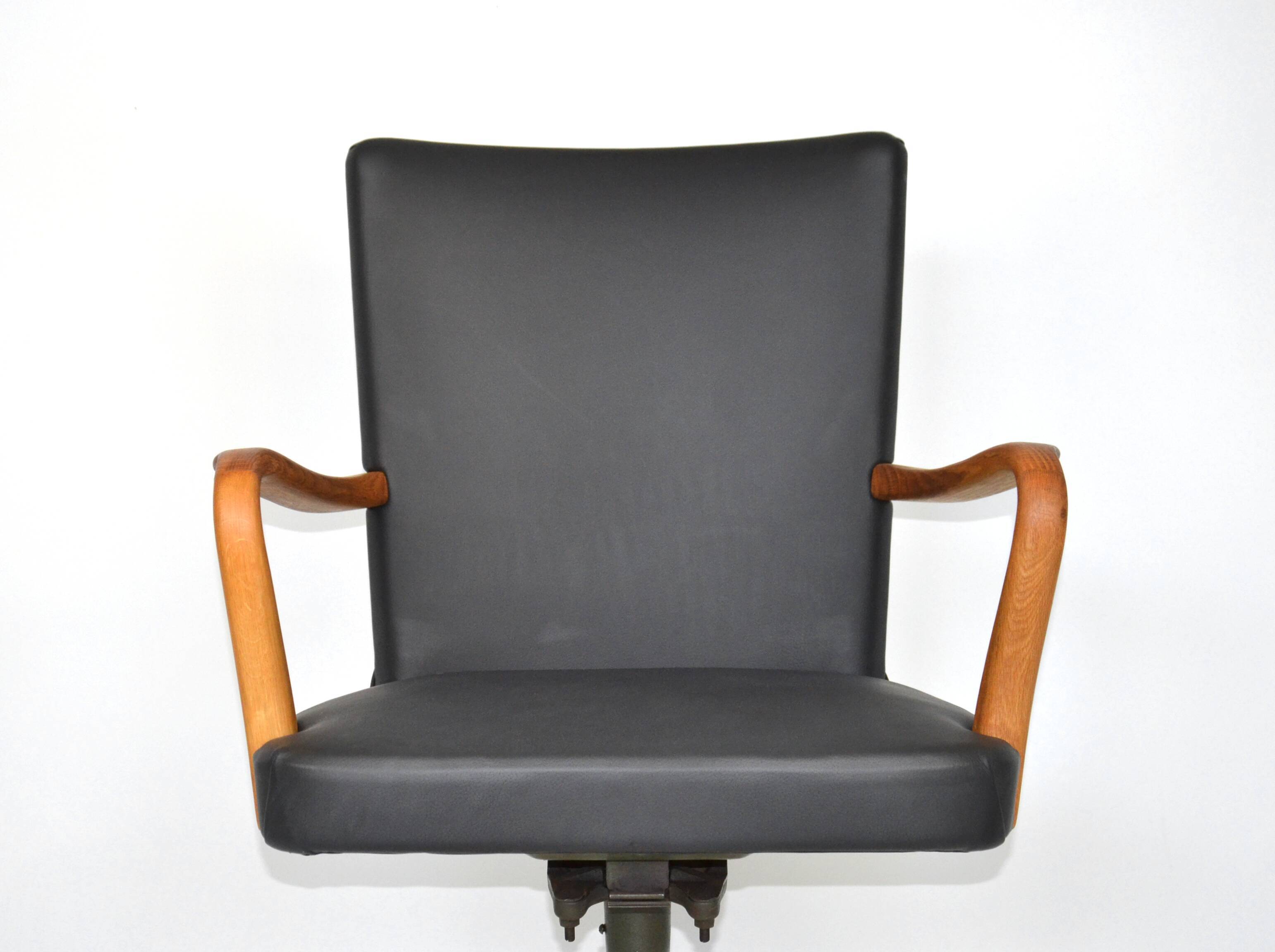 Antique black leather and oak desk chair 1900s, Sweden