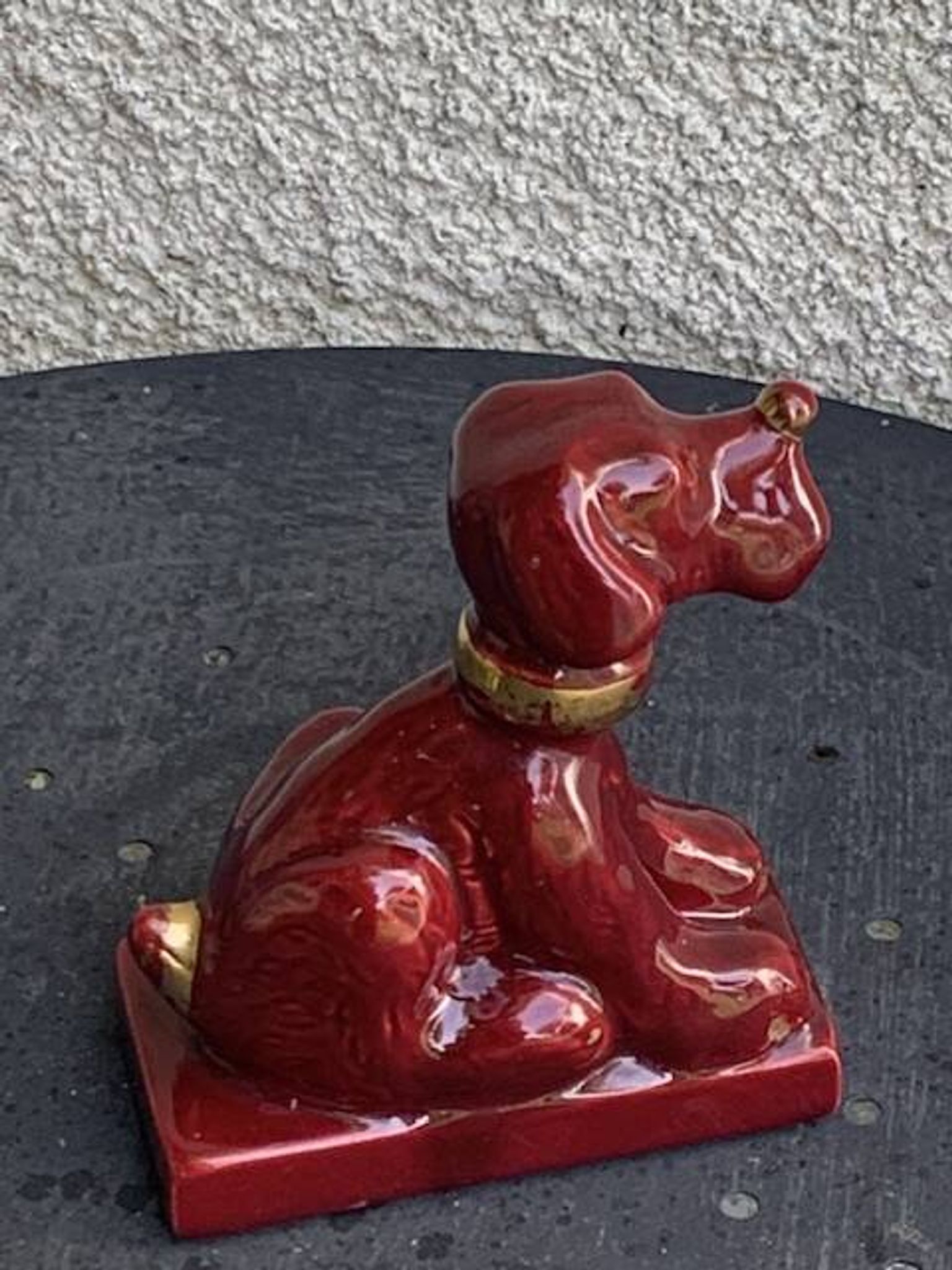 Dog sign CAB in vintage burgundy red enameled ceramic slip, art deco