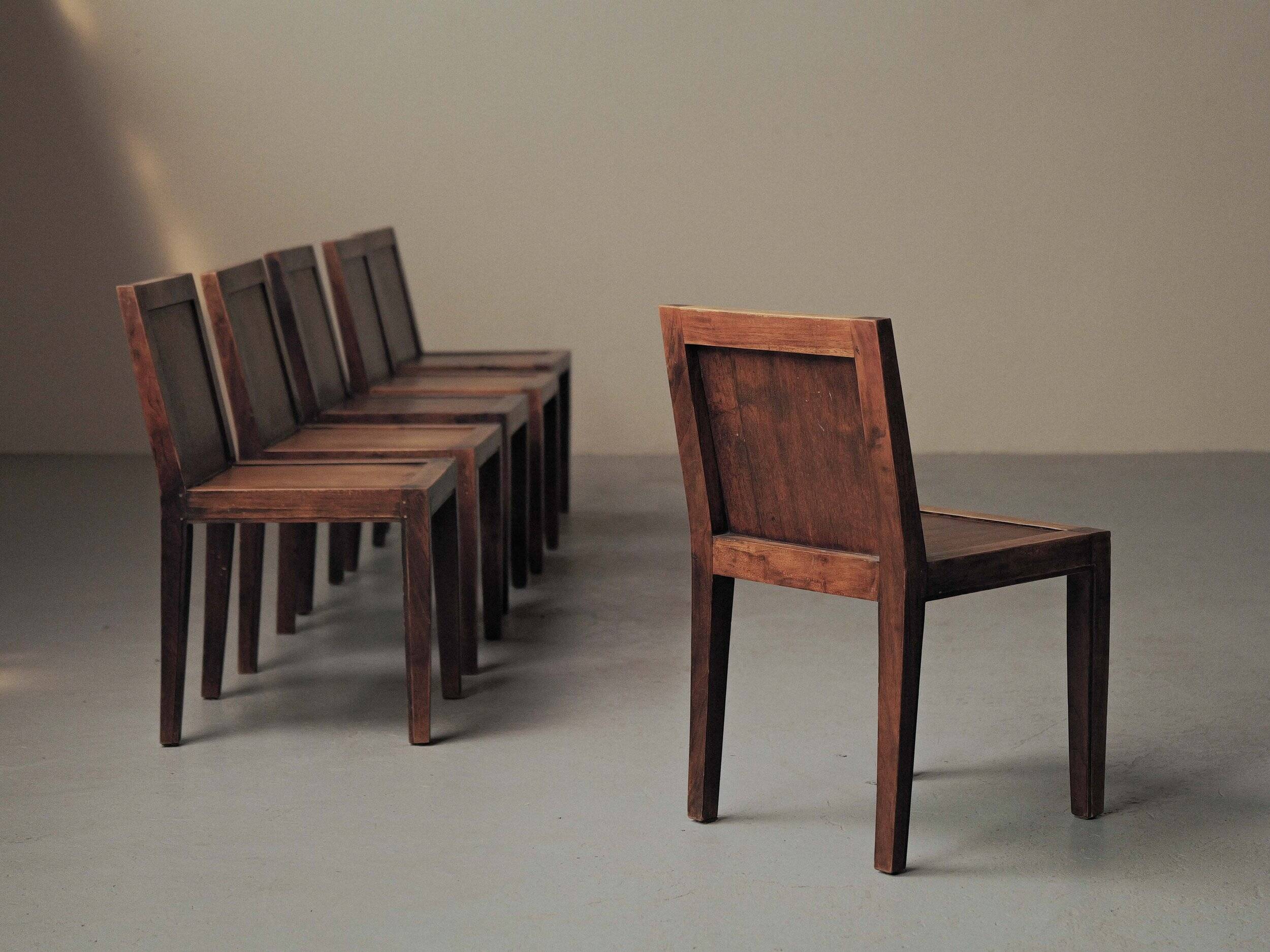 Set of 6 handcrafted oak chairs, France, circa 1970.