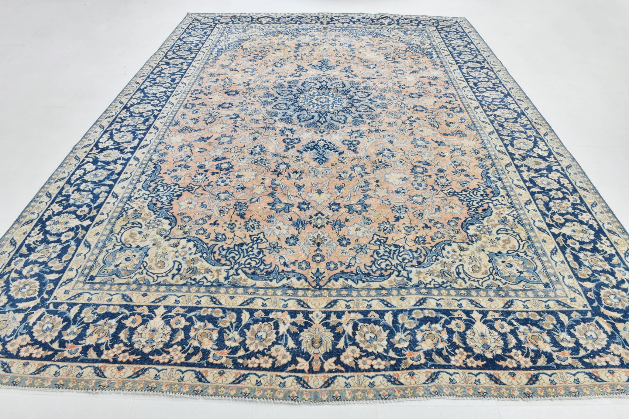 10x14 Navy Blue & Salmon Vintage Persian Rug, Geometric Style Classic Rug