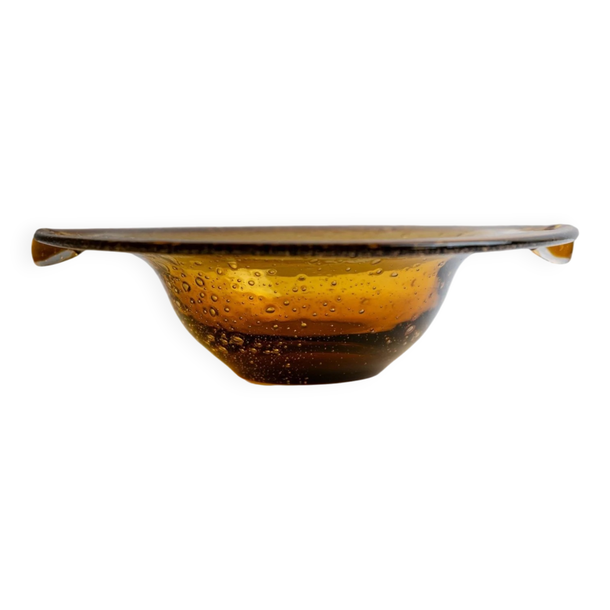 Amber Murano Glass Bowl, Large Vintage 1970s Italian Mid-Century with Bubbles