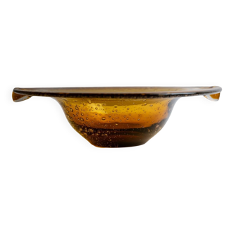 Amber Murano Glass Bowl, Large Vintage 1970s Italian Mid-Century with Bubbles