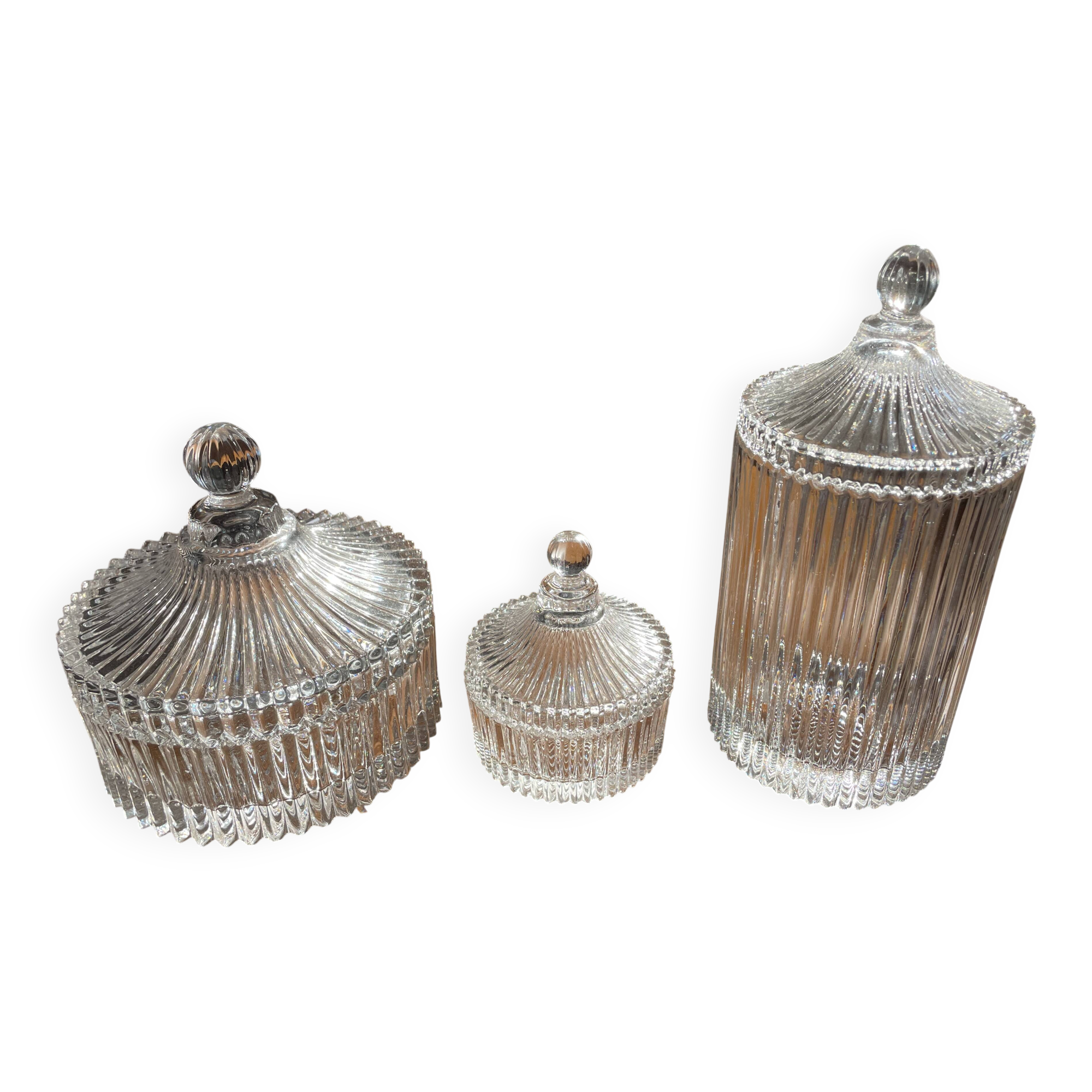 Set of 3 striped glass candy jars with lid or pharmacy jars.