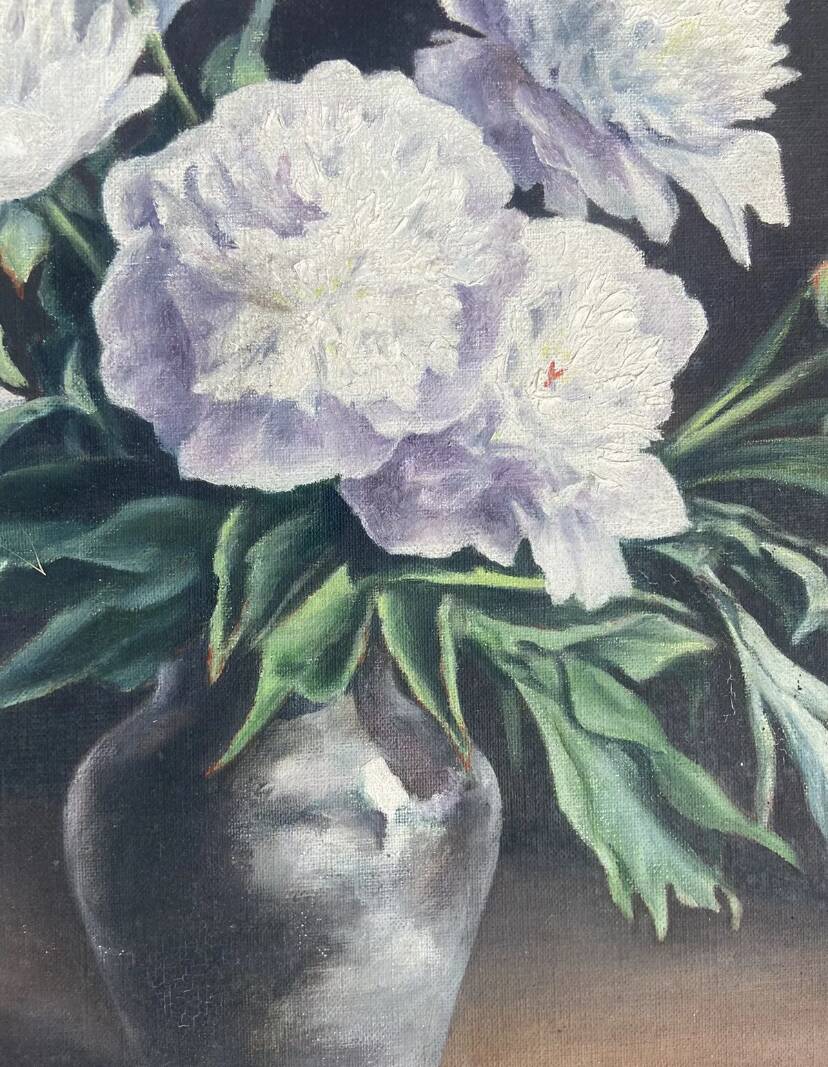 Tableau Ancien -peinture à l’huile - les Pivoines Blanches