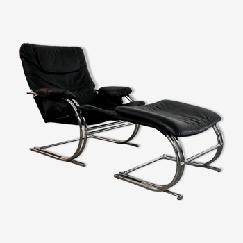 Ancien fauteuil et ottoman cuir noir tubulaire chrome design bauhaus des annees 70