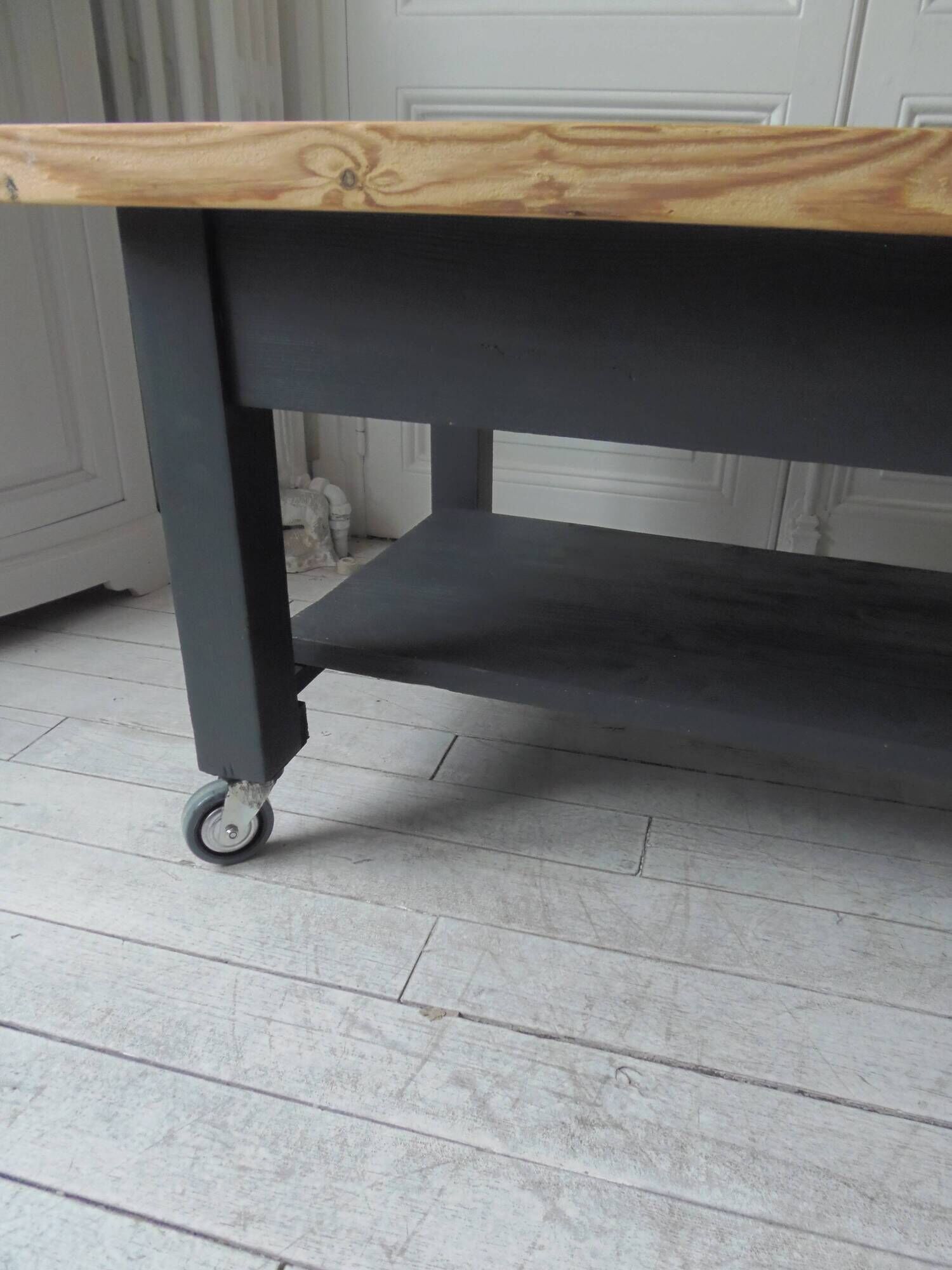 Coffee table on casters made from a vintage table, 1 drawer, 1 slate gray shelf.
