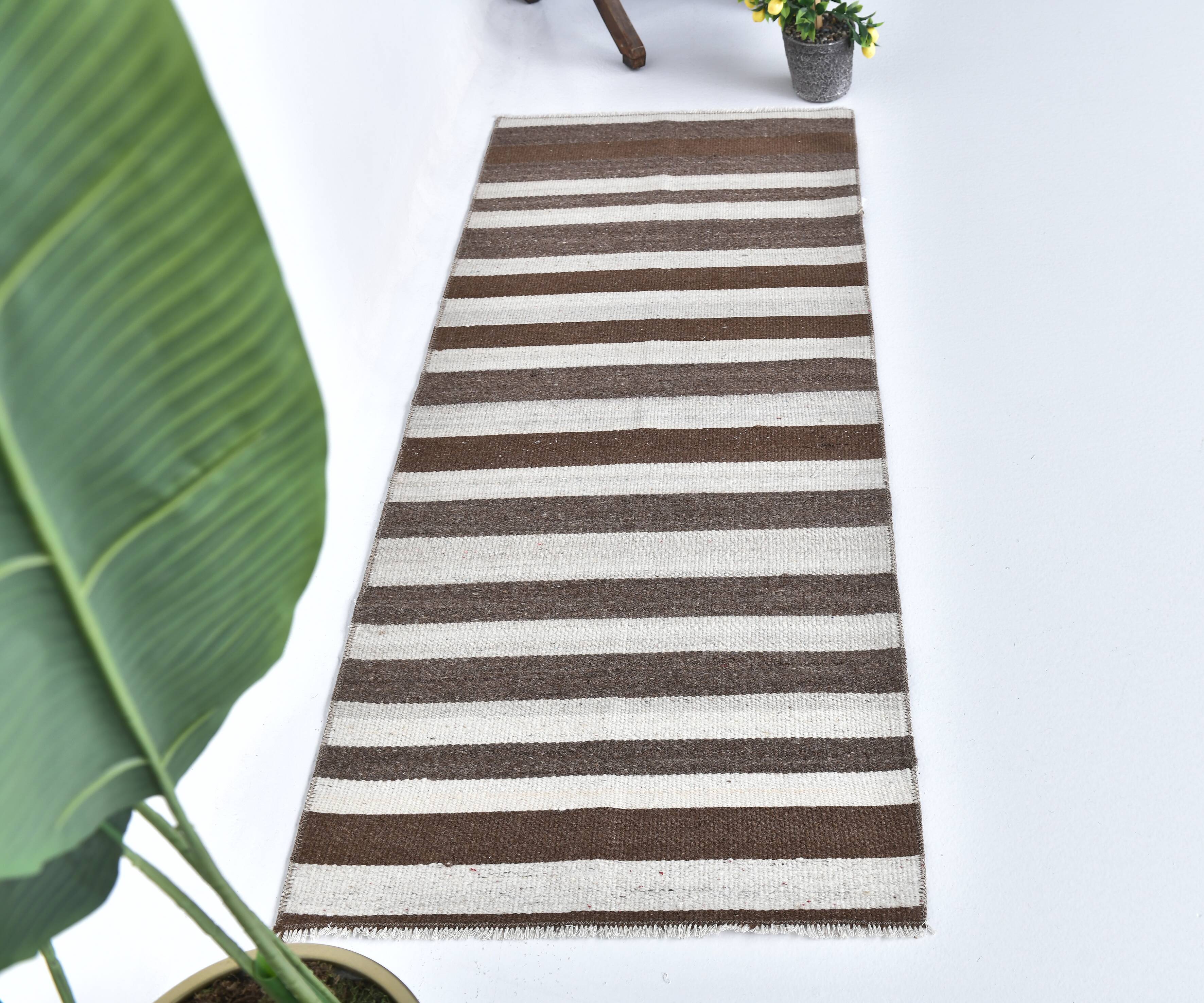 Brown beige kilim carpet, Runner kilim rug, vintage kilim natural 64x154