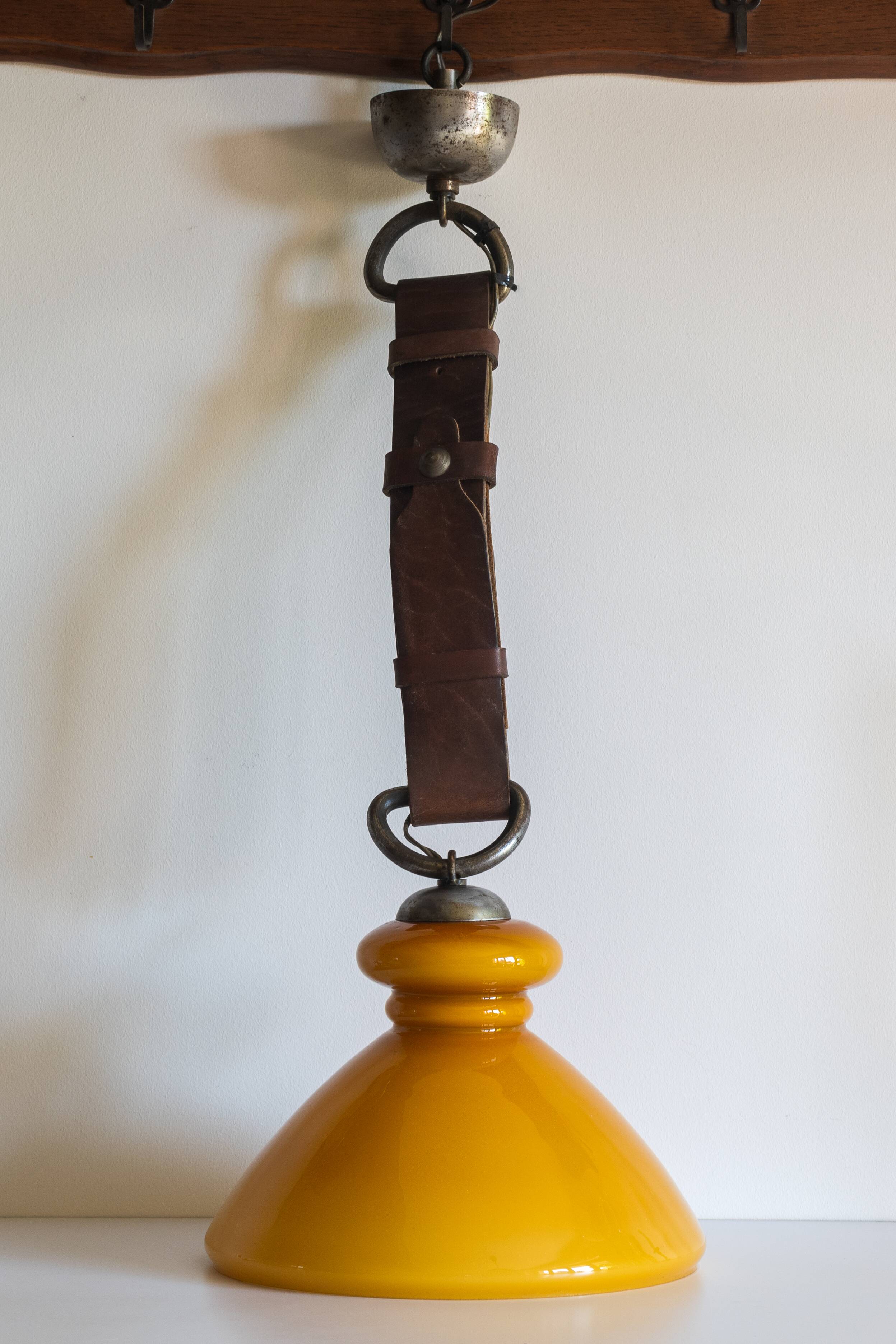 1970s honey yellow opaline pendant light with leather hook