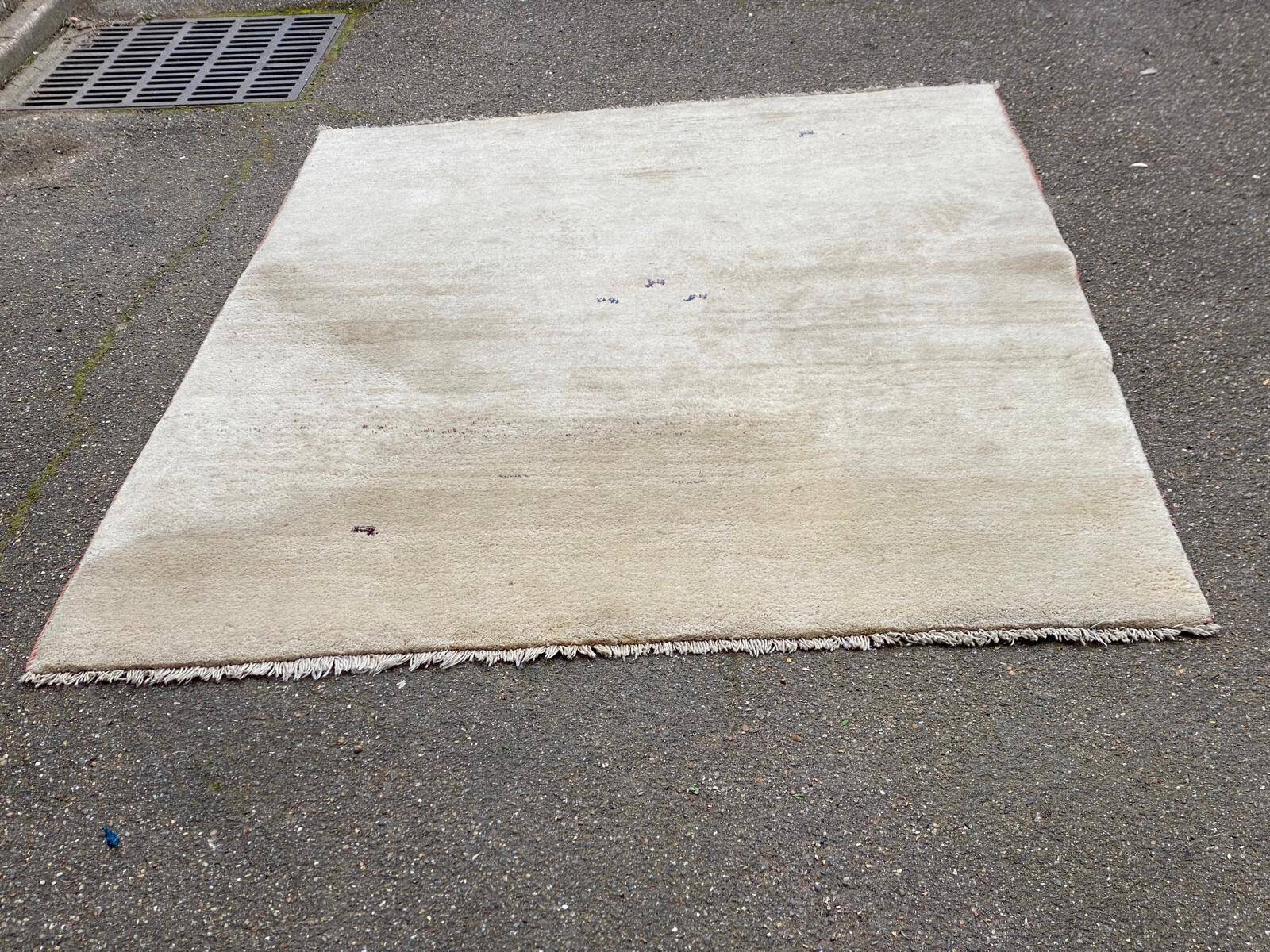 Vintage beige handwoven wool rug 175x235.